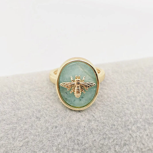 Green Aventurine Gold Bee Adjustable Ring