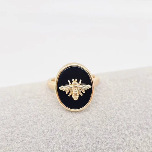 Obsidian Golden Bee Adjustable Ring