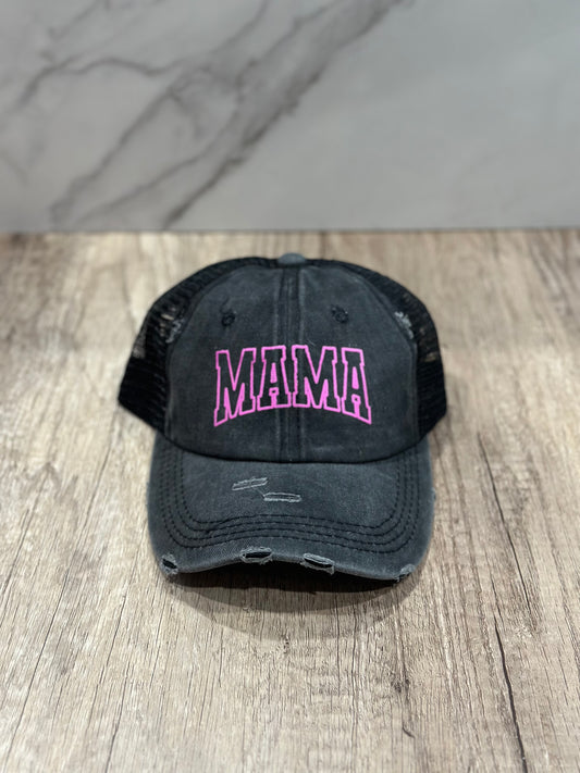 Mama Black Distressed Hat